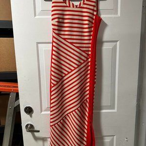 Karen Millen Womens Midi Dress Textured Stripe Print Jersey Bodycon Red Size 6